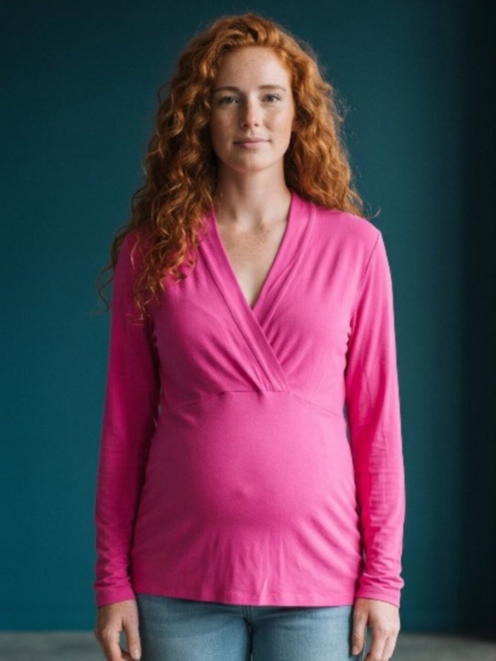 Gap Maternity Blouse Size L Bright Pink V-Neck Wrap Long Sleeve Stretch
